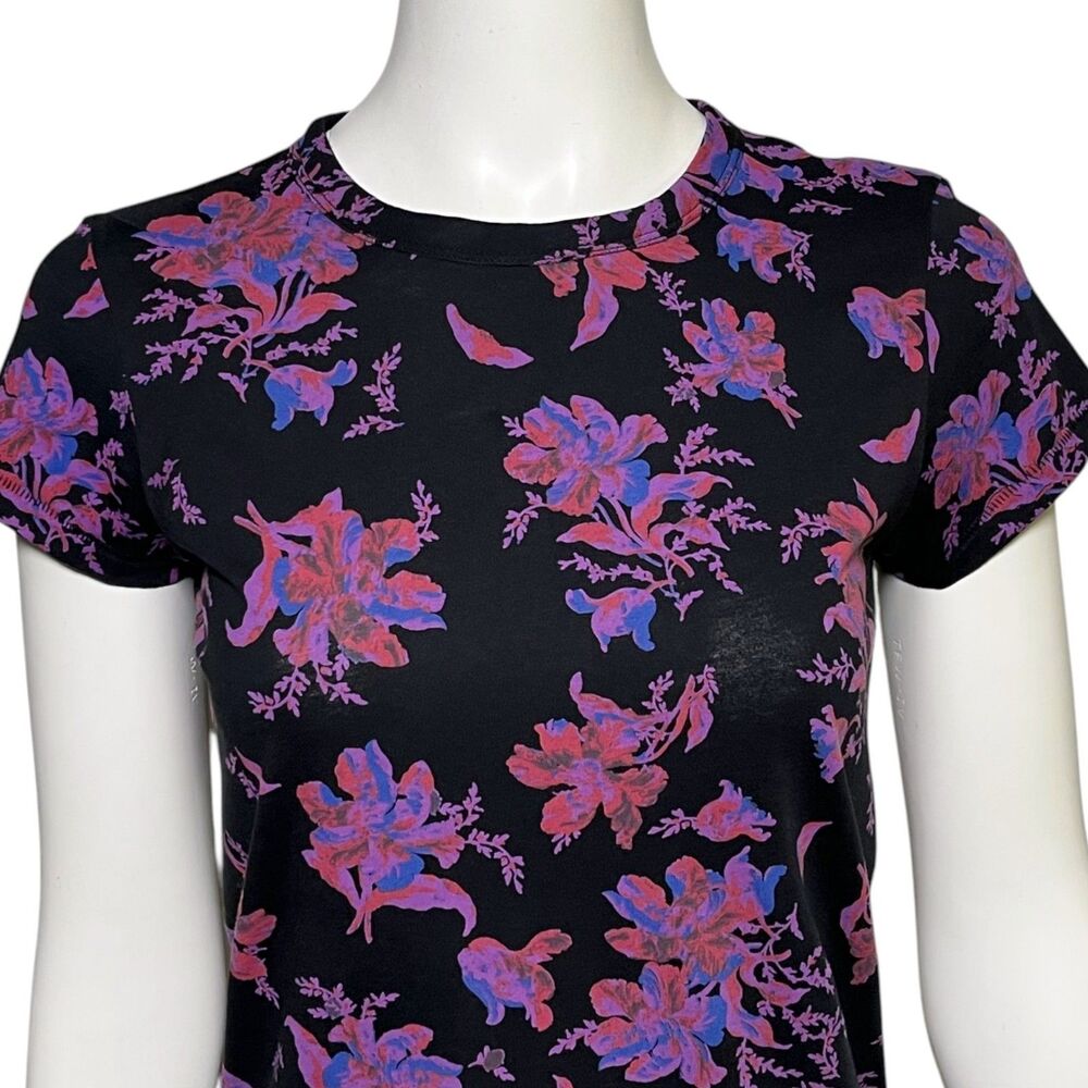 rag & bone Floral T Shirt Women Small Black Pink Organic Cotton Crew Neck - Picture 5 of 9